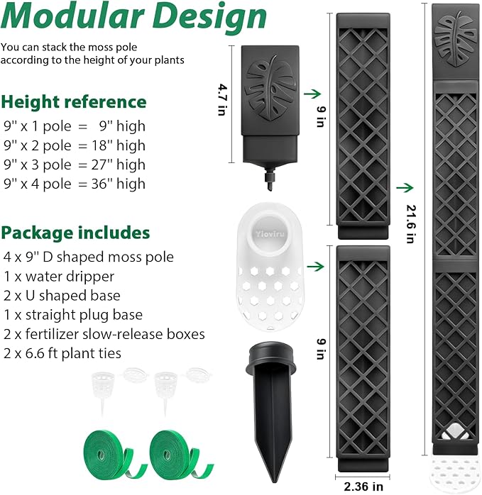 4 Psc 9 Inch D Shaped Moss Pole with Watering Dripper, Plastic Moss Poles for Climbing Plants, Sturdy Monstera Plant Support, Self Watering Moss Pole Kit for Plants Indoor(Black)