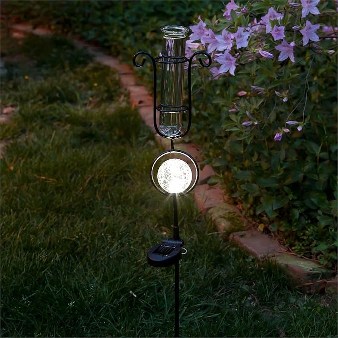 Rain Gauge with Solar Light Garden Stake,Metal and Glass,6x5.5x33.5 Inches