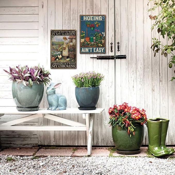 Funny Garden Sign – I Just Want to Work in My Garden and Hang Out with My Chickens | 12x8″ Vintage Metal Sign for Outdoor Decor - Gardening Gift for Women Chicken & Plant Lovers, 2486