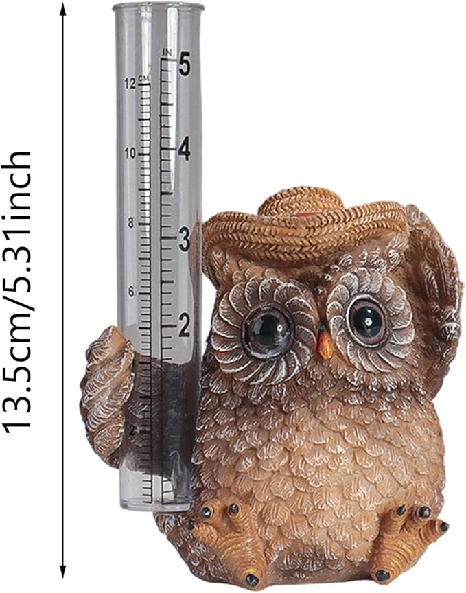 Owl Rain Gauge for Yard Patio, Cute Small Rain Collector Decorative, Unique Outdoor Gardening Garden Ornament with Tube for Home Garden, Deck, Porch, Backyard, Patio & Lawn (Khaki)