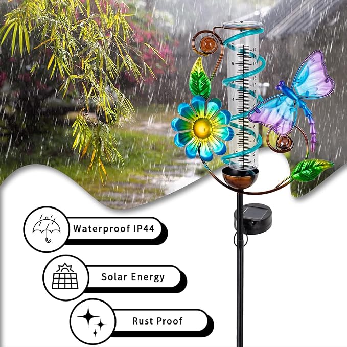 Rain Gauge Outdoor, Solar Rain Gauges for Yard, Freeze Proof Rain Gauge with 7" Plastic Tube, Metal Dragonfly Decorative Water Gauge with Led Light