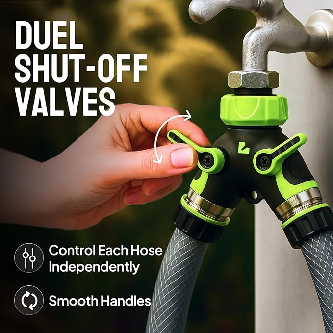 2 Way Hose Splitter Heavy Duty - Metal Y Garden Hose Splitter with Shutoff Valves, Brass Outdoor Faucet Adapter for Spigot, 3/4 Inch GHT Water Hose Connector - Green