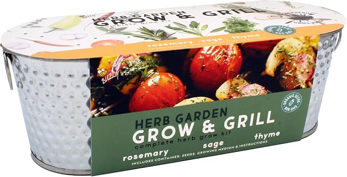 Buzzy Seeds Grow & Grill Organic Herb Kit - Metal Windowsill Planter - Complete Indoor/Outdoor Gardening Kit with Seeds, Coconut Husk Growing Medium & Genuine Pots - 100% Grow Guarantee