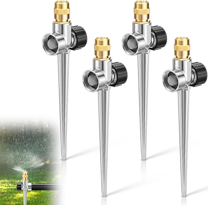 Tioncy 4 Pack Metal Lawn Sprinkler Automatic Garden Water Sprinkler on Spike Base 360 Degree Rotation with Adjustable Brass Nozzle for Lawn Garden Yard (Silver)