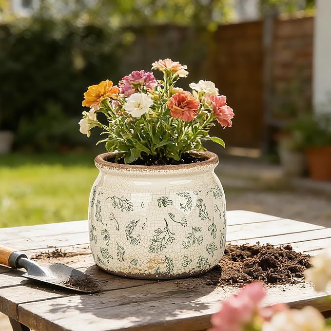 Sungmor Set of 2 Farmhouse Ceramic Planters with Drainage Hole,Vintage Crackle Glaze Flower Pots, Tuscan Decor Pots for Indoor/Outdoor Herbs,Succulents and Small Flowers