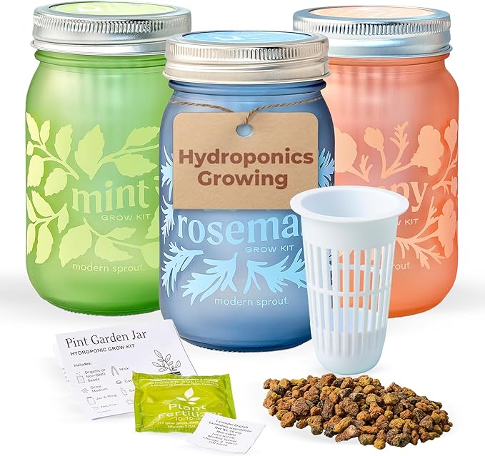 Modern Sprout Mason Garden Jar - Self-Watering Hydroponics Growing System Kit with Organic Herb Seeds - Jar Planter for Indoor Herb Garden - Seed Starter Kit -Home Decor & Gifting -Mint+Rosemary+Poppy