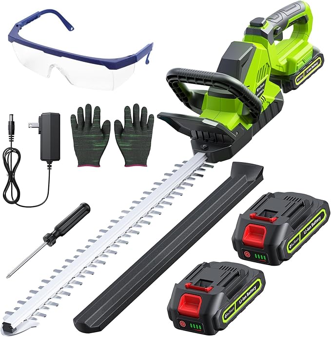 20'' Hedge Trimmers Cordless with Battery, 3000RPM Brushless Electric Bush Clipper with 2pcs 2000mAh Rechargeable Batteries, 180° Rotatable Head, 2/3'' Blade Gap Green, Gifts for Men Dad Father