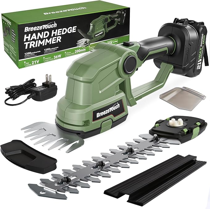 Breeze Touch 21V Hedge Trimmer Cordless with Battery and Charger, 2-in-1 Bush Trimmer Cordless & Grass Shear, Handheld Electric Hedge Trimmers with 4.5"/8.5" Blades for Garden & Lawn