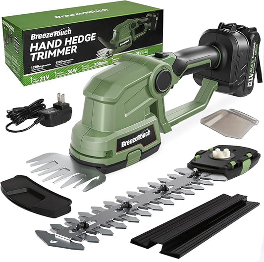 Breeze Touch 21V Hedge Trimmer Cordless with Battery and Charger, 2-in-1 Bush Trimmer Cordless & Grass Shear, Handheld Electric Hedge Trimmers with 4.5"/8.5" Blades for Garden & Lawn