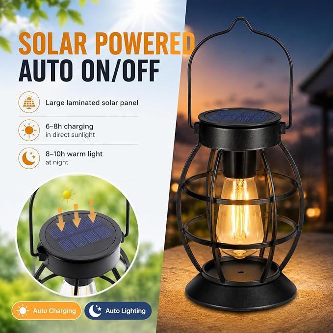 LeiDrail Solar Lanterns Outdoor 2 Pack, Hanging Waterproof Metal Lantern Dual LED Warm White, Auto On/Off Garden Patio Yard Porch Pathway Table Decor, Solar Powered Gift for Women