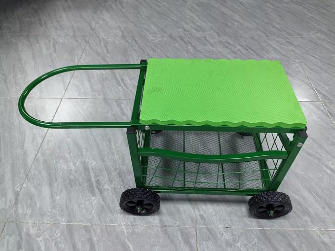 Garden Rolling Work Seat with Wheels, Padded Foam Cushion, Wire Mesh Storage Basket, Steel Frame, Hold Max. 350Lbs