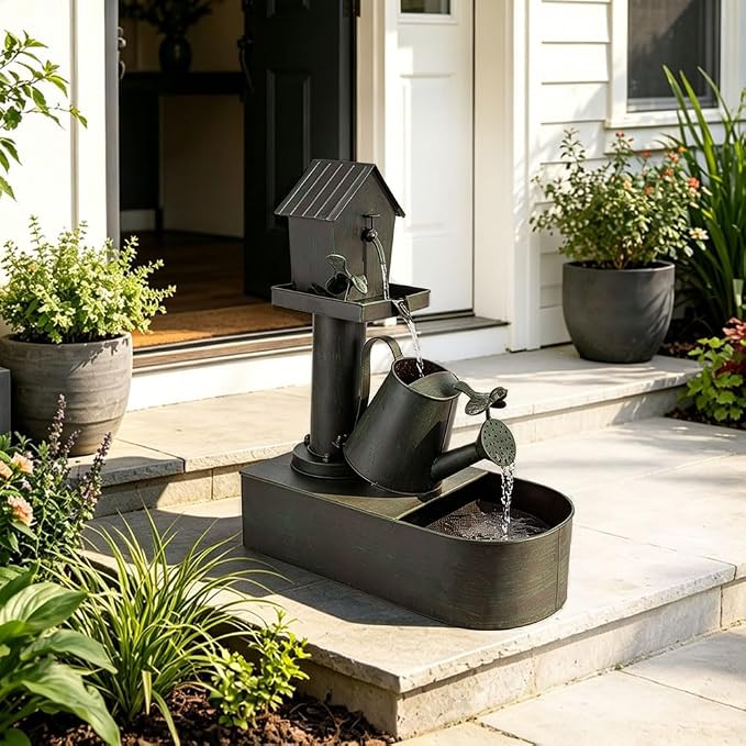 Garden Water Fountain Outdoor, 23" Vintage Waterfall Fountain, Rustic Distressed Green Outdoor Water Fountain with Tilted Watering Can for Yard Patio Decor