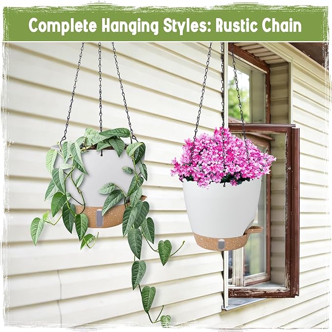 Self-Watering Hanging Planters with Water Level Window, 8/10 Inch Indoor Outdoor Hanging Plant Pots Includes Chain Hangers with Drainage Holes & Detachable Reservoir (White, 8+10 inch)
