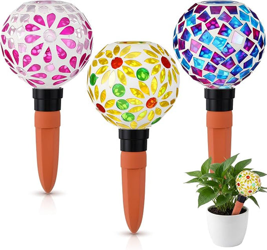 Frienda 3 Pack Mosaic Self Watering Spikes Plant Watering Globes Slow Release Vacation Insert Automatic Plant Waterer Device for Indoor Outdoor Automatic Waterer