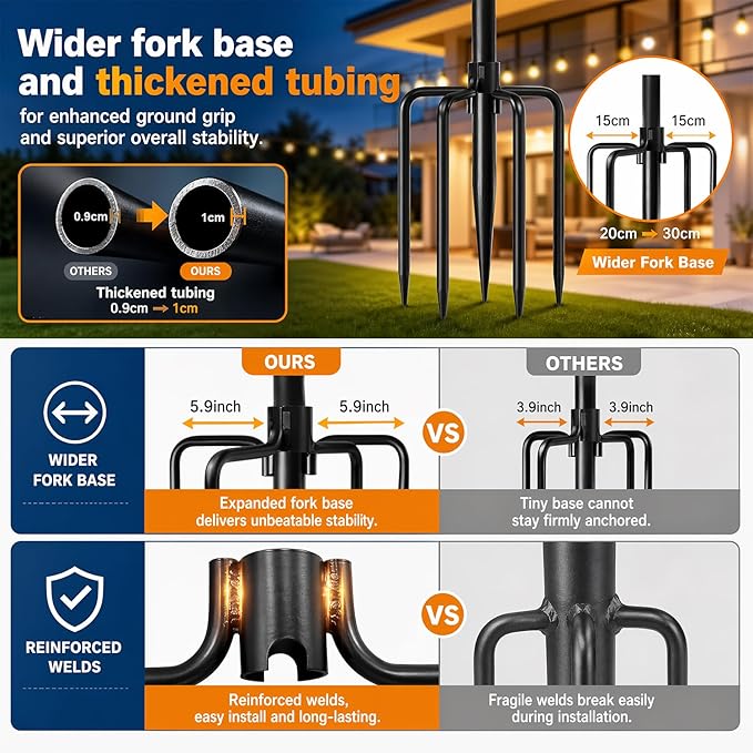 MuliVid 2 Pack 10FT Lighting Hanging Pole for Outside, Waterproof Hardened Metal Outdoor String Light Poles for Patio, Garden, Bistro, Wedding, Parties