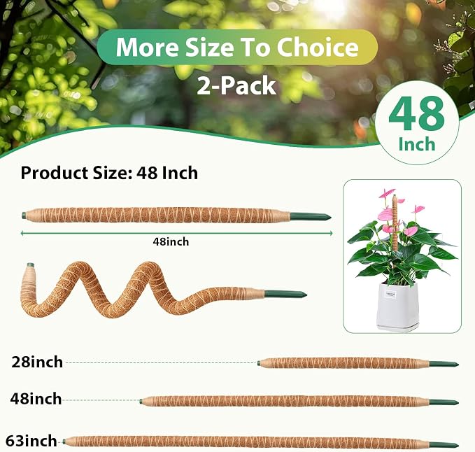 2 Pack Bendable Moss Pole, 48" DIY Shape Monstera Plant Support for Climbing Indoor Plants, Coco Coir Plant Support Stake for Monstera, Pothos, Philodendron & Indoor Potted Vines