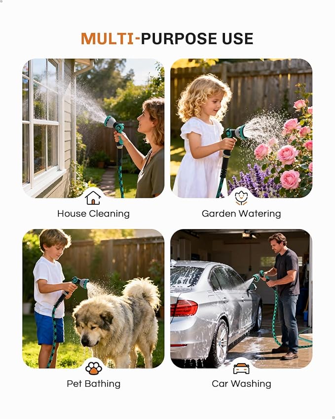 WELLUCK 100 FT Garden Hose - Ultra-Strong 3750D, Flexible Water Hose, Lightweight Non-Expanding hose with 10 Function Sprayer, Leak proof, Pressure Resistant for Yard, Outdoor