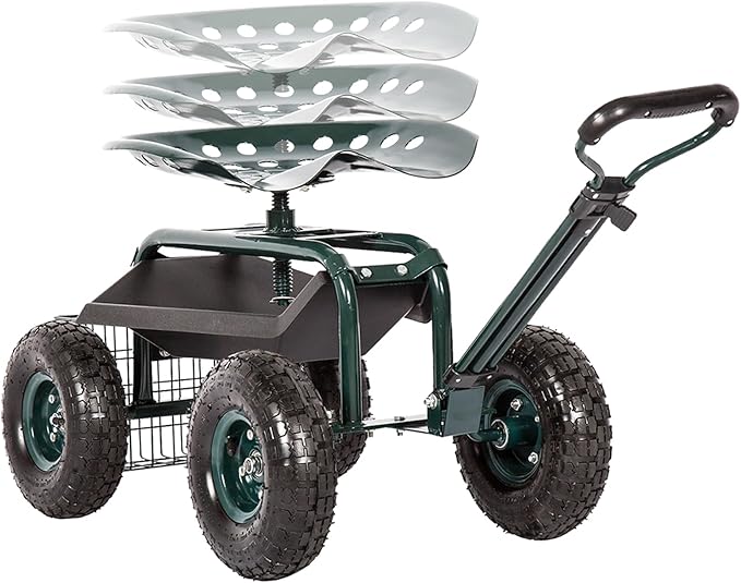 KINTNESS Garden Cart Seat Rolling Scooter Wagon with Extendable Steering Handle Swivel Seat & Utility Basket (Green