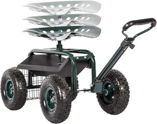 KINTNESS Garden Cart Seat Rolling Scooter Wagon with Extendable Steering Handle Swivel Seat & Utility Basket (Green