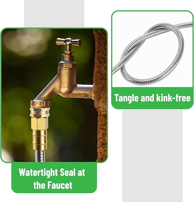 UNCO- Stainless Steel Metal Hose with 4 Function Brass Nozzle, 75 ft, No Kink, Metal Garden Hose