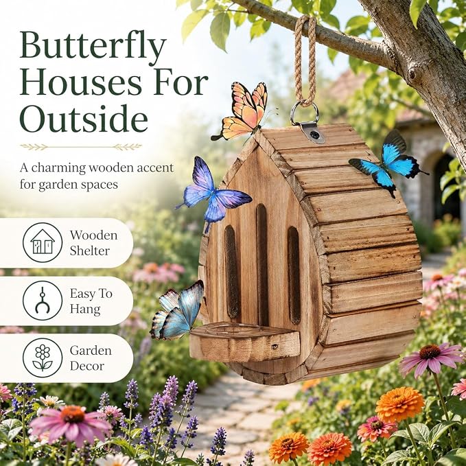 Butterfly Houses for Outside, Butterfly House Wooden Shelter for Yard Fence Patio, Butterfly Houses for the Garden Habitat Decor (1pc)