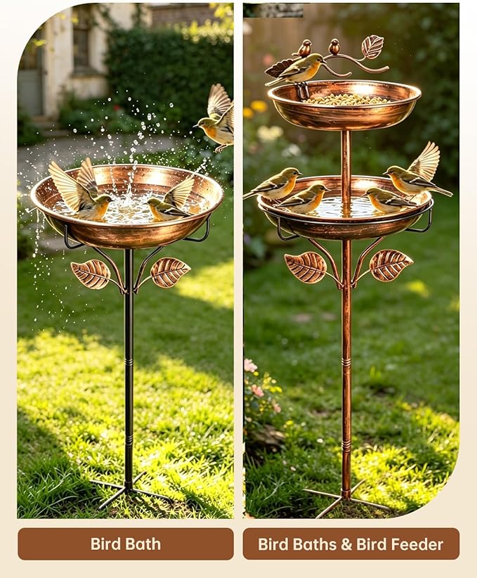 Breeze Touch 2-in-1 Metal Bird Bath for Outdoor, Vintage Garden Bird Bath with Detachable Birdbaths & Birdfeeder Bowl, Free Standing Bird Feeder with 5 Prongs Base Stake for Yard Lawn Decor(Bronze)
