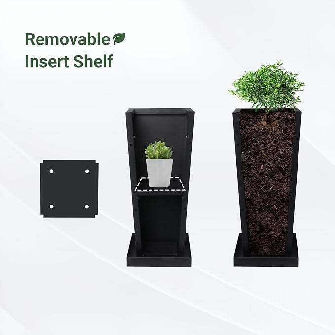18" Metal Tall Outdoor Planters Set of 2, Durable & Wealtherproof | Tall Planters with Drainage Insert Shelve & Trays, Black Outdoor Planters for Porch, Garden, Yard
