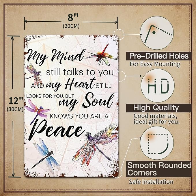 YOYI ART Metal Dragonfly Wall Decor Sign - My Mind Still Talks to You, Vintage Tin Signs for Home, Bedroom, Kithcen, Garden, Patio and Yard Wall Art Accessories, Gifts for Women, 8 x 12 inch