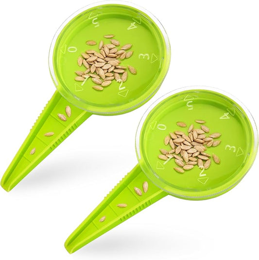 2 Pack Seed Dispenser, Adjustable Hand Seeder with 5 Hole Size 0.12"-0.39" & Storage Setting, Lightweight Mini Seed Spreader for Flowers Vegetables Seedling Tray