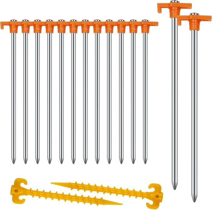 Tent Stakes Heavy Duty Camping Stakes,AVOFOREST 9.8inch Non-Rust Metal Tent Pegs Ground Stakes Tent Spikes Camping,Garden,Hiking Orange(Orange 12+2pcs, 10IN)