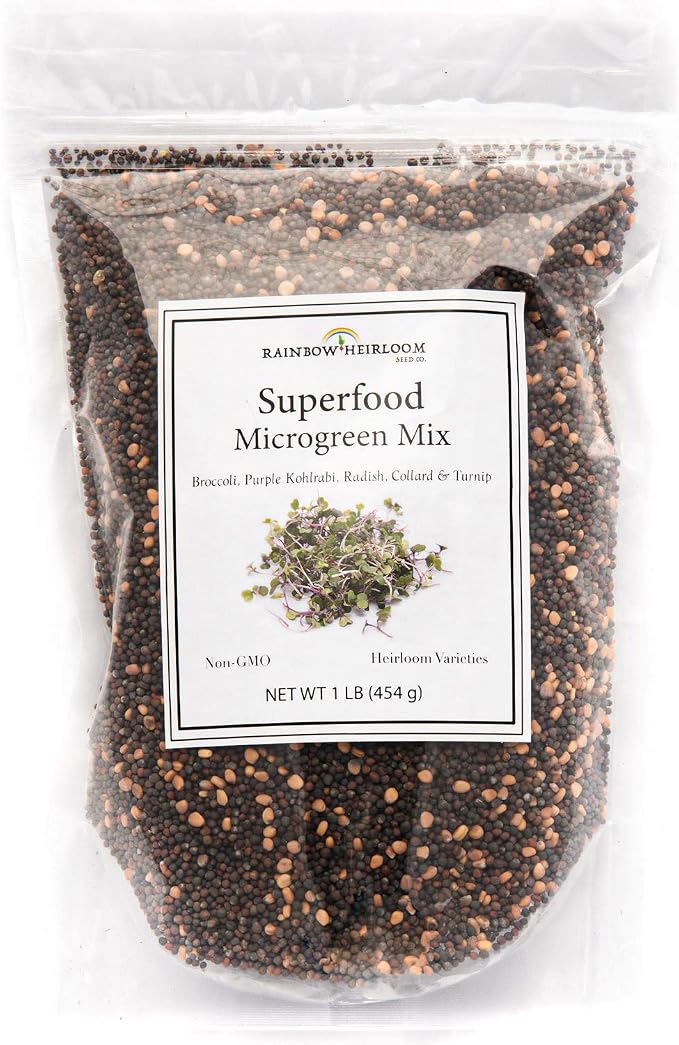 Superfood Microgreen Seeds Mix | for Microgreens Growing Trays | 1 LB | Heirloom Non GMO Purple Kohlrabi, Collard, Radish, Turnip & Broccoli Sprouts Seeds | Rainbow Heirloom Seed Co.