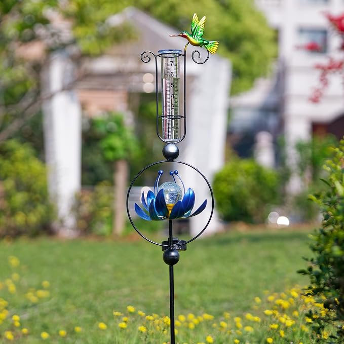 Rain Gauge Outdoor,42 Inch Solar Rain Gauges Decorative with Lotus Flower Spinner Light,Large Number Plastic Tube Rain Catcher Freeze Proof Hummingbird Water Gauge for Garden Yard Lawn