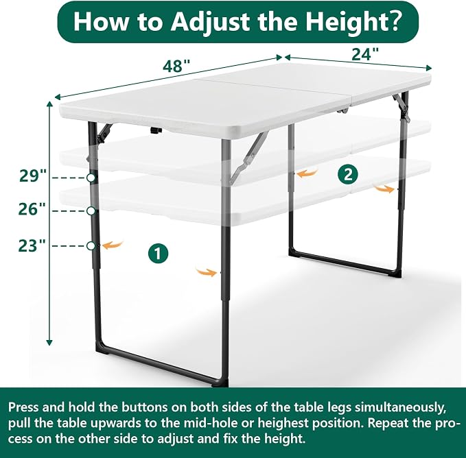 2 Pack Folding Table 4ft - Heavy Duty Fold-in-Half Plastic Table with Adjustable Height, Portable Utility Tables with Steel Legs for Indoor, Outdoor, Picnic, Camping, Dining, Party (White)