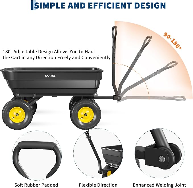 Garvee Poly Garden Dump Cart, Heavy Duty 1200lbs Wheelbarrow Yard Cart Dump Wagon with 13" All Terrain Wheels, Garden Utility Wagon with Quick Release System& Convertible Handle Attach to ATV (Black)