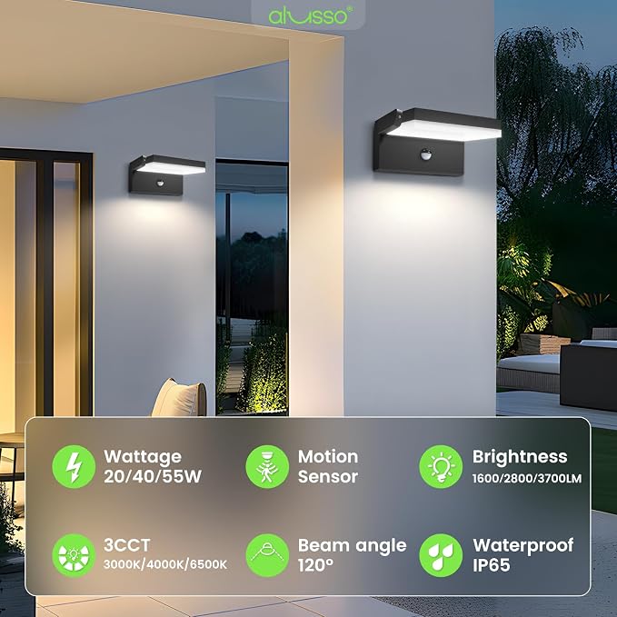 ALUSSO® 20W/40W/55W LED Outdoor Motion Sensor Wall Light, 3000K/4000K/6500K Aluminum Exterior Lighting Fixtures, 360° Rotatable Wall Pack Lights, IP65 Waterproof Sconce for Porch Patio Garage, Black