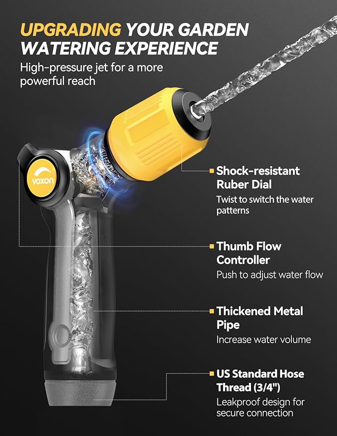 VOXON Garden Hose Nozzle Heavy Duty Metal - High Pressure Water Hose Nozzle Sprayer with Thumb Flow Control, Adjustable Spray Patterns for Outdoor Plants/Lawn Watering, Car Washing, and Pet Showering