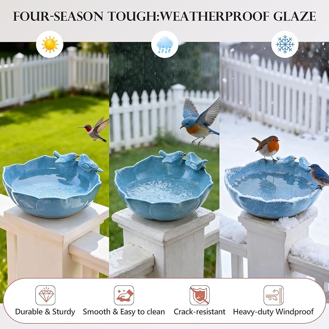 Ceramic Bird Bath for Outdoors, 10.1” Glazed Ceramic Bird Baths Bowls and Feeders for Outside, UV/Frost-Resistant Finish Ground Garden Table Top Bird Baths Decor for Patio Yard Home Green