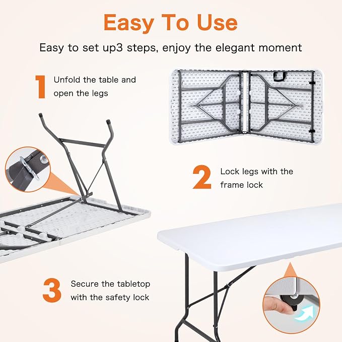 Sweetcrispy 8 FT Folding Picnic Table Easy to Fold and Store, Foldable Table for Camping Picnic Dining Party Kitchen Outdoor Indoor with Carrying Handle