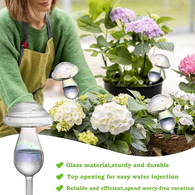 Plant Watering Globes, 4PCS Self Watering Globes Made from Hand-Blown Glass, Iridescent Glass Mushrooms Plant Self Watering Devices, Automatic Watering System for Potted Plants