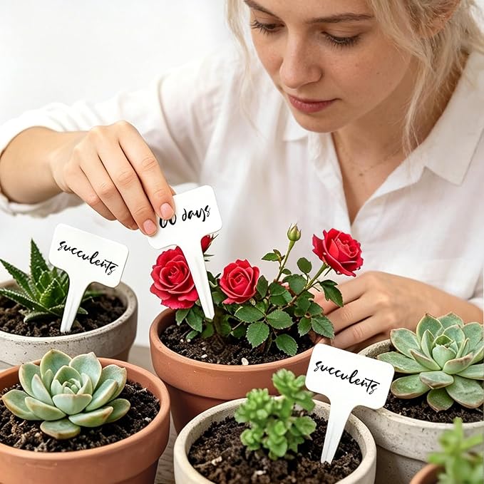 Whaline 100 Pcs Plastic Plant Labels White T-Type Garden Stake Tags Waterproof Plant Markers Reusable Plants Signs for Outdoor Indoor Nursery Potted Plants Seed with A Black Marker Pen (6 x 10 cm)