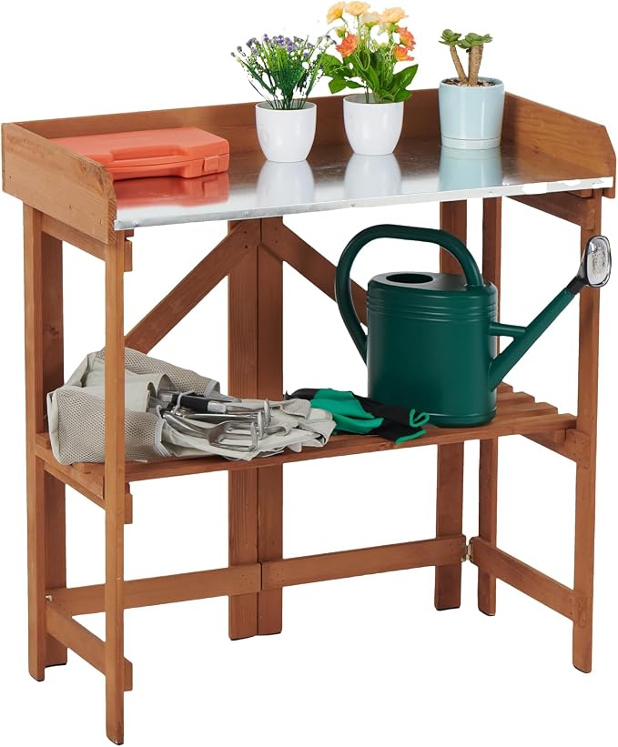 Folding Potting Bench Table, Outdoor Workstation with Galvanized Tabletop and Storage Shelf for Garden, Deck, Balcony, Easy Assembly