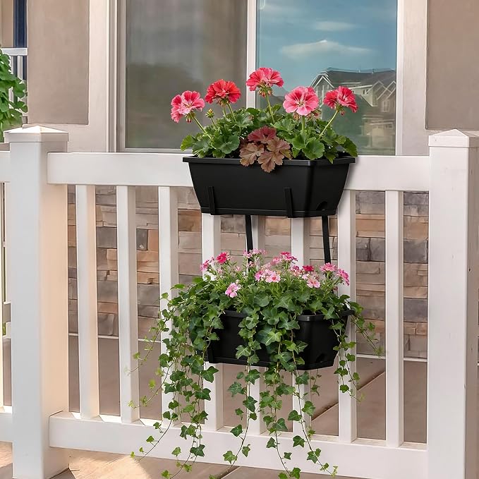 Balcony Planters Railing Hanging, Deck Railings Planter Boxes 16.9in, Railing Planter Box, Deck Planters for Railings, Railing Flower Box with Metal Brackets, Black (2Pcs)