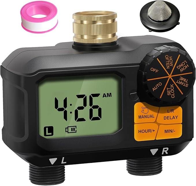 ANDOLL HOME Water Timer for Garden Hose - 2 Zone Timed Sprinkler with Rain Delay/Manual Watering/Automatic Irrigation Programmable Faucet Timer for Yard Lawn (1, Matte-Black)