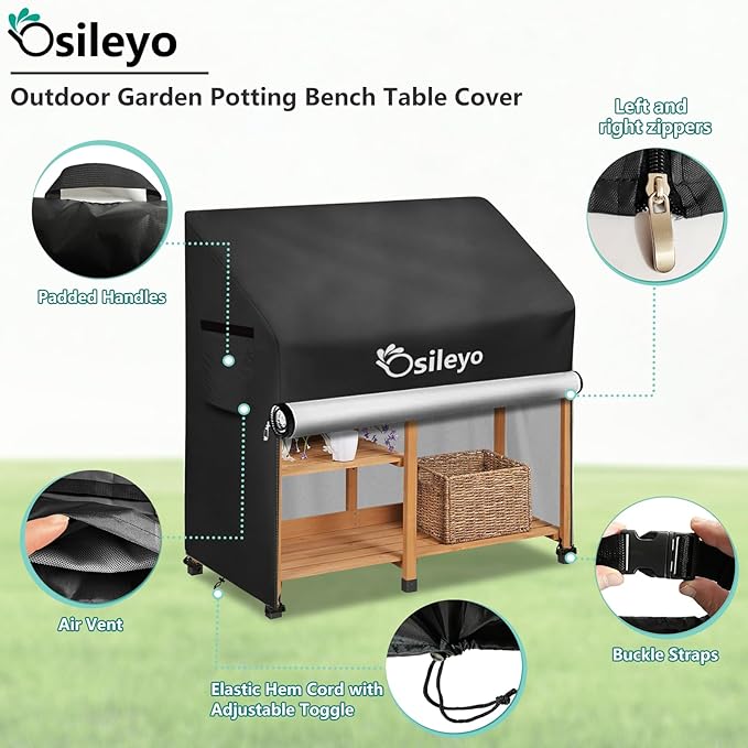 Outdoor Garden Potting Bench Table Cover with Split Zipper,600D Tough Canvas Waterproof Anti-UV All Season Weather Complete Protection Cover.(47" x 20" x 47"),Black