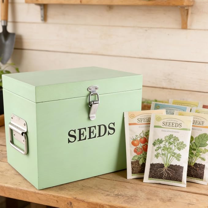 Seed Storage Organizer with 2 Dividers,Wooden Seed Saving Box with Lid, Seeds Bin Storage Container Kit with 2 Pens,20 Plant Labels and 50 Seeds Envelopes, Perfect for Flower Plants Garden