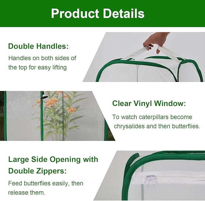 Butterfly Habitat Cage 24" x 24" x 36", Large Caterpillar Mesh Enclosure with Poop Tray for Easy Clean, Outdoor Monarch Butterfly & Insect Pop-up Net Cages Terrarium with Sunshade Top.