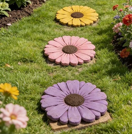 2 Pack Daisy Cement Stepping Stones 10 Inch, Heavy Duty Garden Pathway Stones, Non Slip Outdoor Walkway Decor for Yard Patio Lawn, Weather Resistant Cement Stepping Stones (Purple)