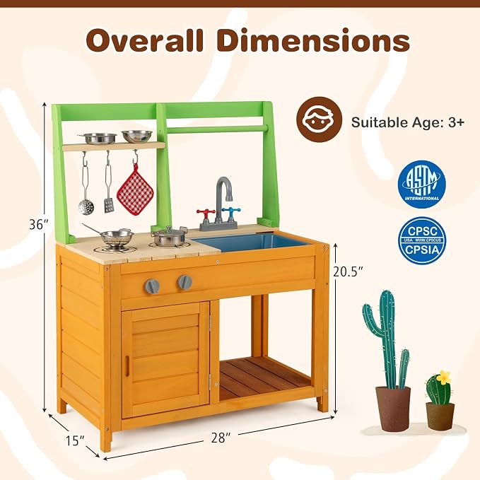 Costzon Mud Kitchen for Kids Outdoor, Wooden Play Kitchen w/Stoves, Removable Sink, Faucet, Oven, Cooking Accessories, Storage Shelves, Montessori Pretend Kitchen Playset for Girls&Boys 3+ Years Old