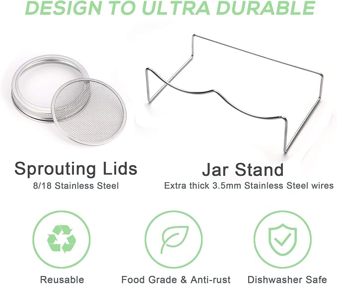 Sprouting Jar Kit-2 Wide Mouth Quart Mason Jars with 316 Stainless Steel Screen Sprout Lids, Drip Tray, Stand | Seed Sprouter Set for Growing Broccoli, Alfalfa, Mung Bean