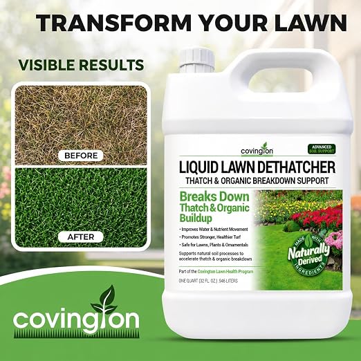 Covington Liquid Lawn Dethatcher (32oz) – Liquid Aerator Concentrate & Humic Thatch Remover, Soil Softener & Grass Thatch Buster for Lawns & Gardens – Kids & Pet Safe, Made in USA